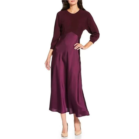 Current Air Dresses & Skirts - NWT Current Air Mixed Media Sweater Dress Boysenberry Purple Satin Maxi Midi